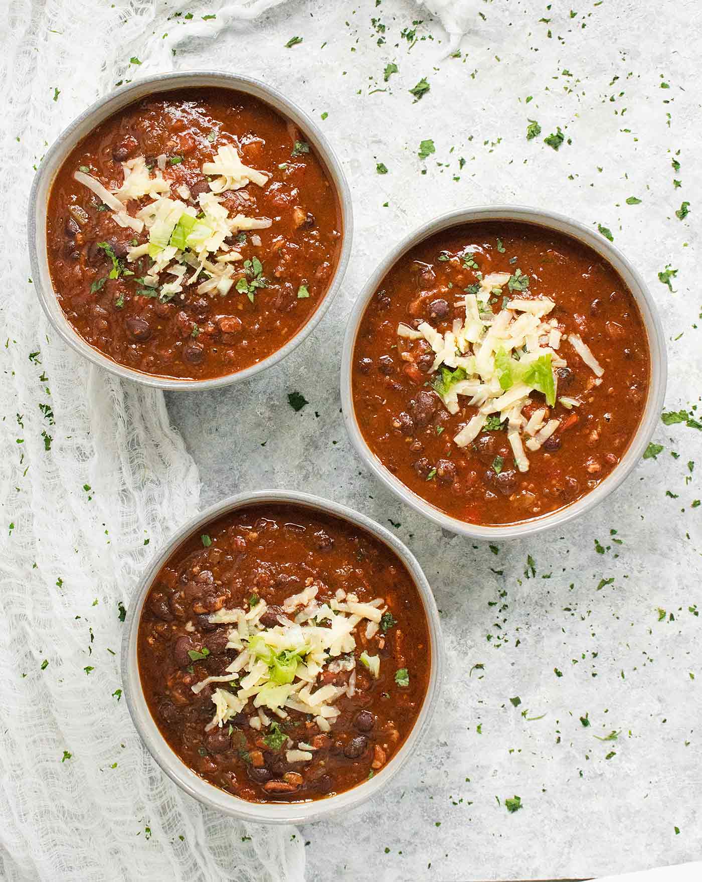 Three bowls of BBQ Black Bean Soup