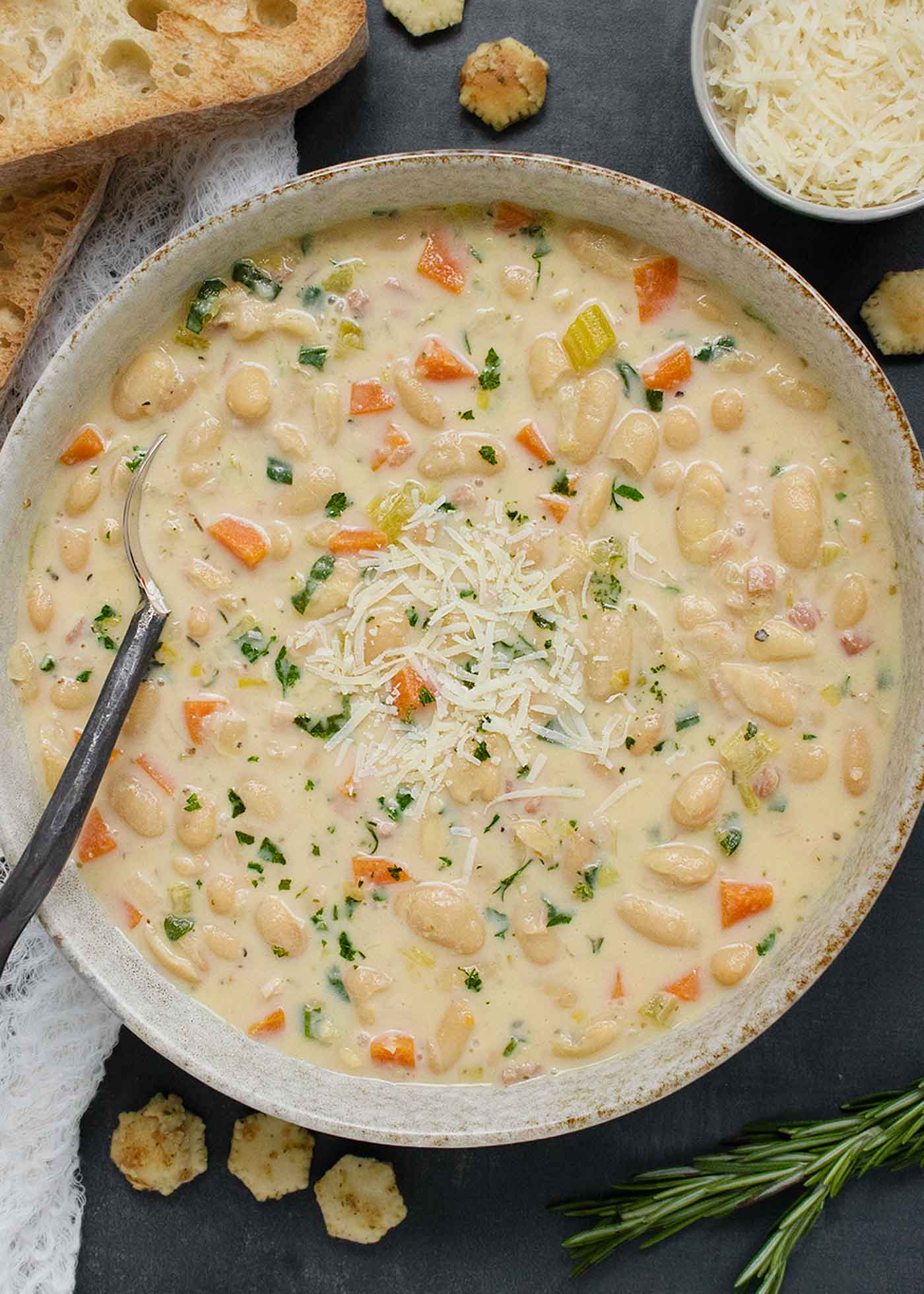 Close-up of a bowl of Tuscan White Bean Soup.