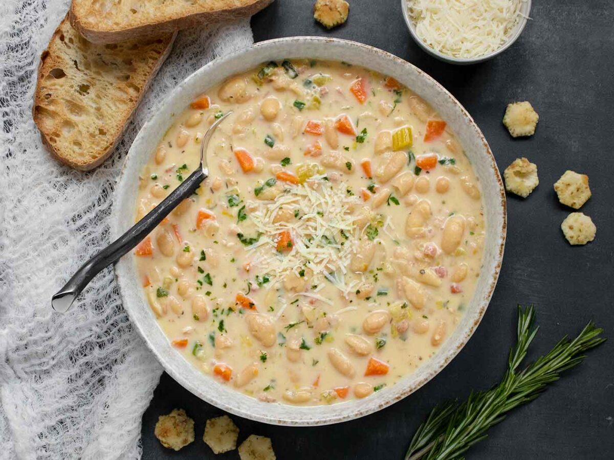 Tuscan White Bean in a bowl, ready to serve.