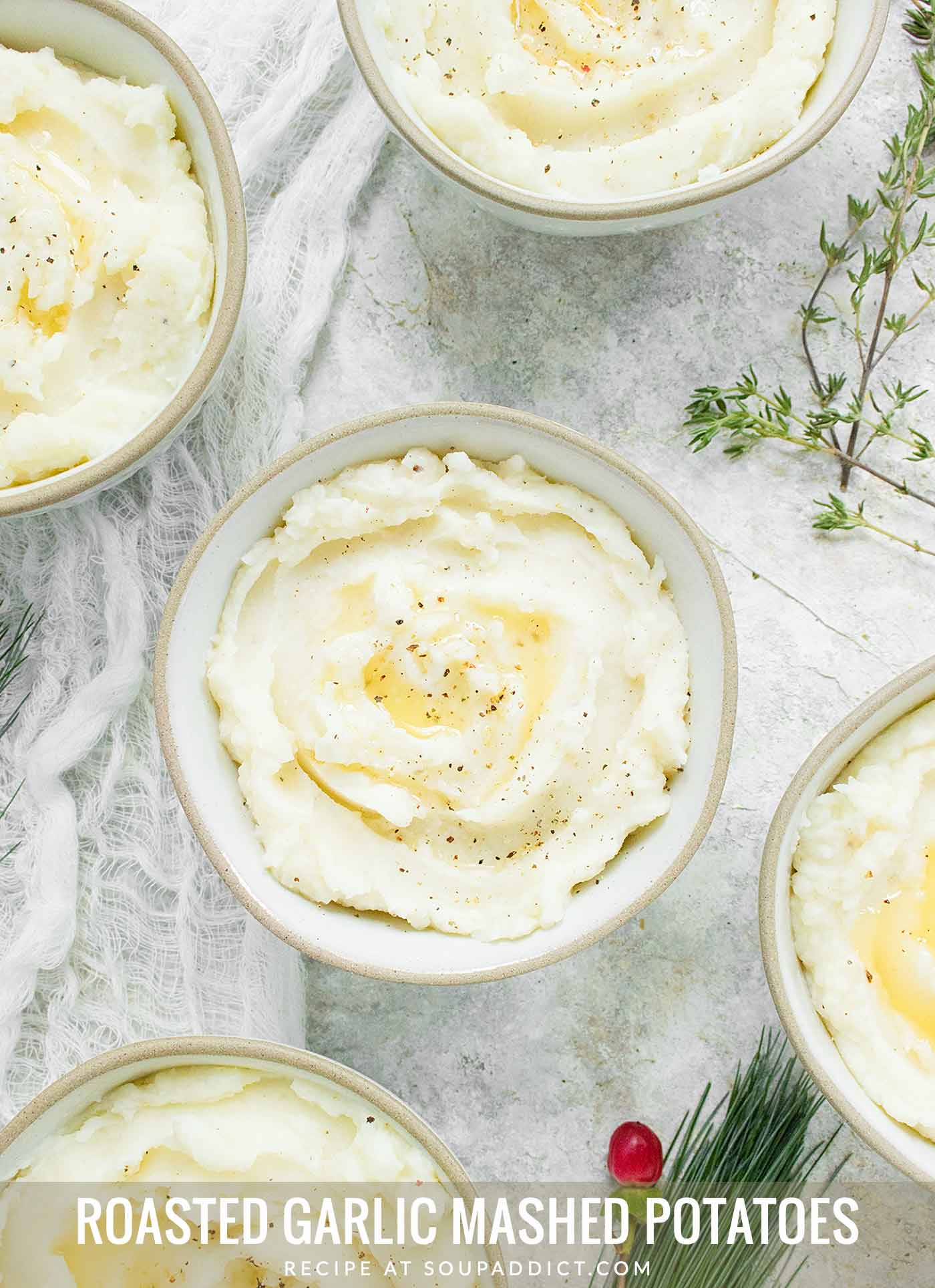 Single serving bowls of Roasted Garlic Mashed Potatoes