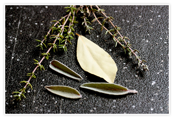 Herbs for the soup, thyme, sage, and bay leaf.