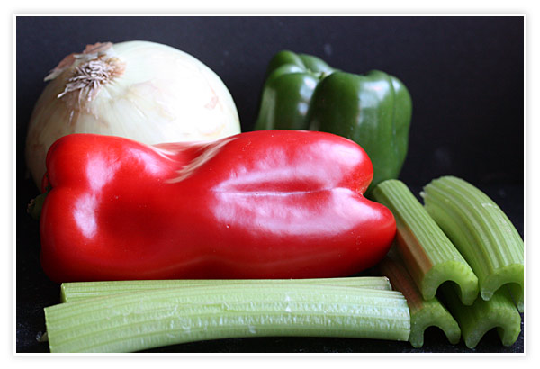 Aromatic vegetables for the jambalaya.