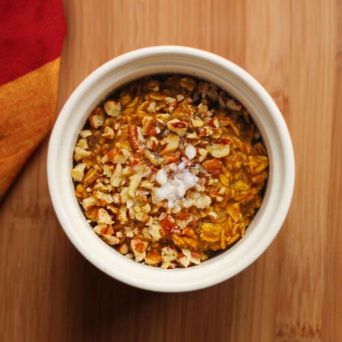 Overhead view of Baked Pumpkin Pie Oatmeal.
