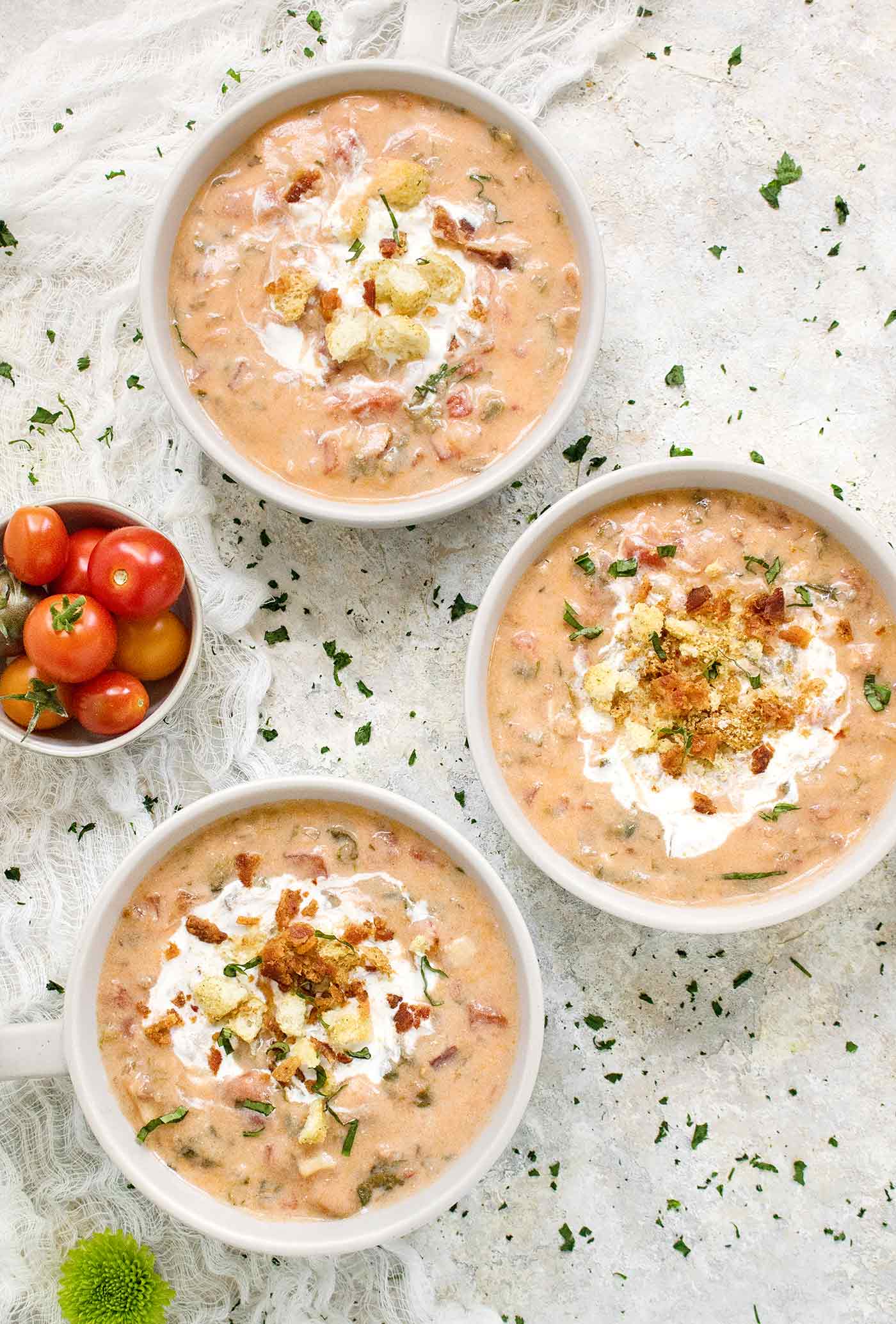 Three bowls of BLT Soup, ready to serve