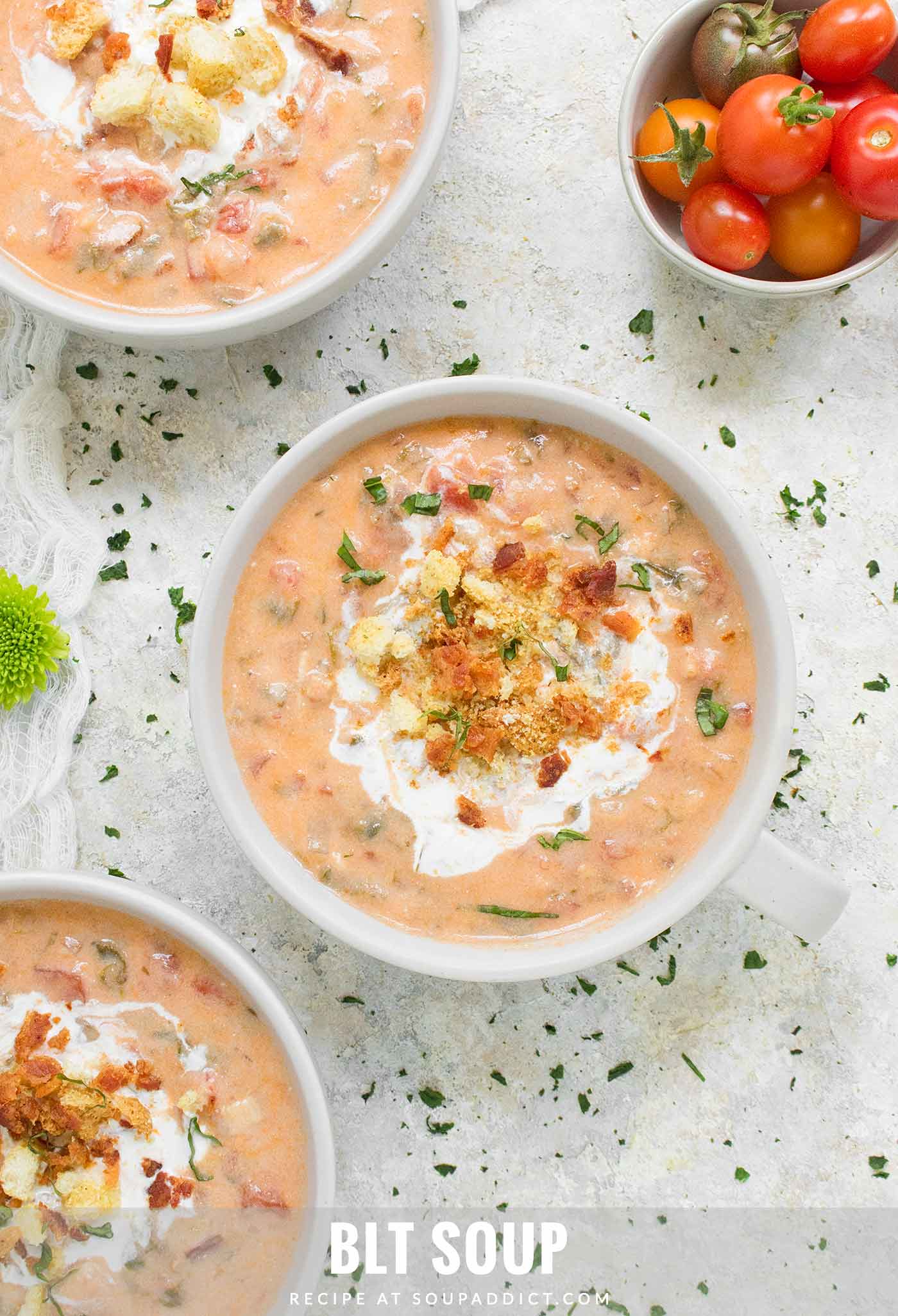 Close-up of a bowl of BLT Soup