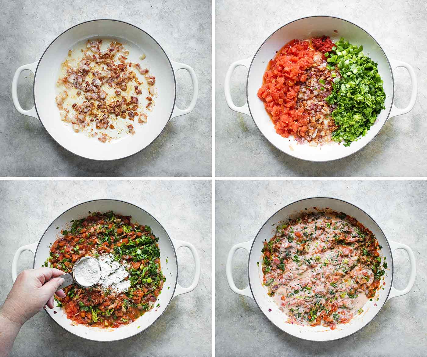 Visual step-by-step for sauteeing the ingredients of BLT Soup