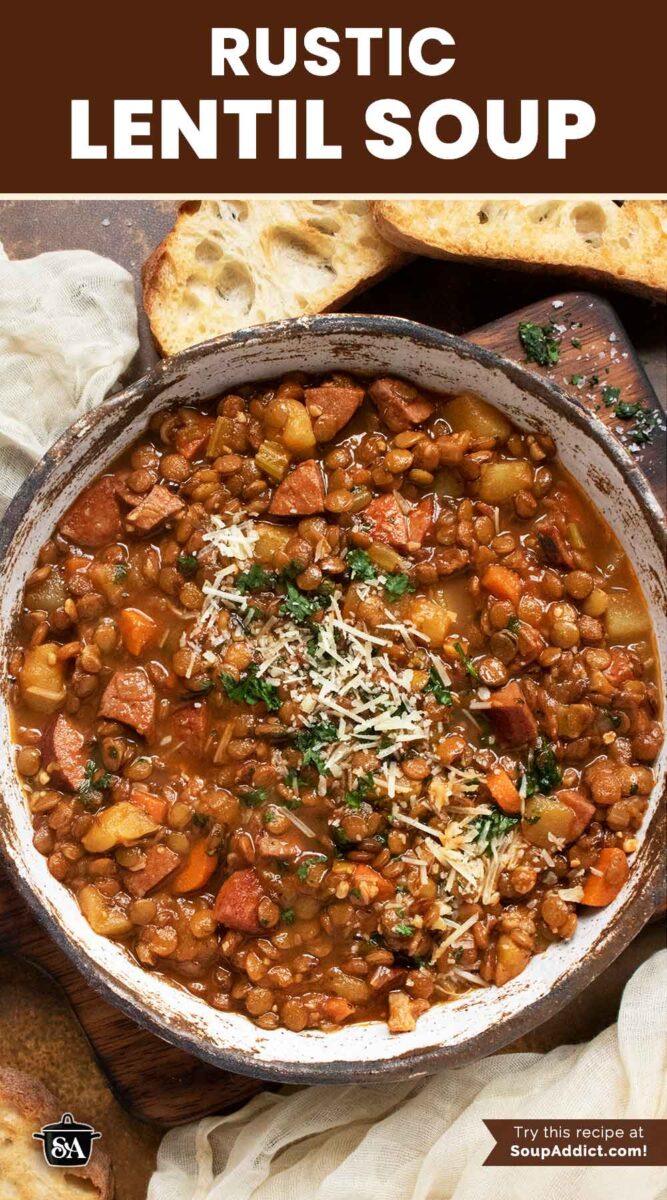 Pinterest pin image for Rustic Lentil Soup.