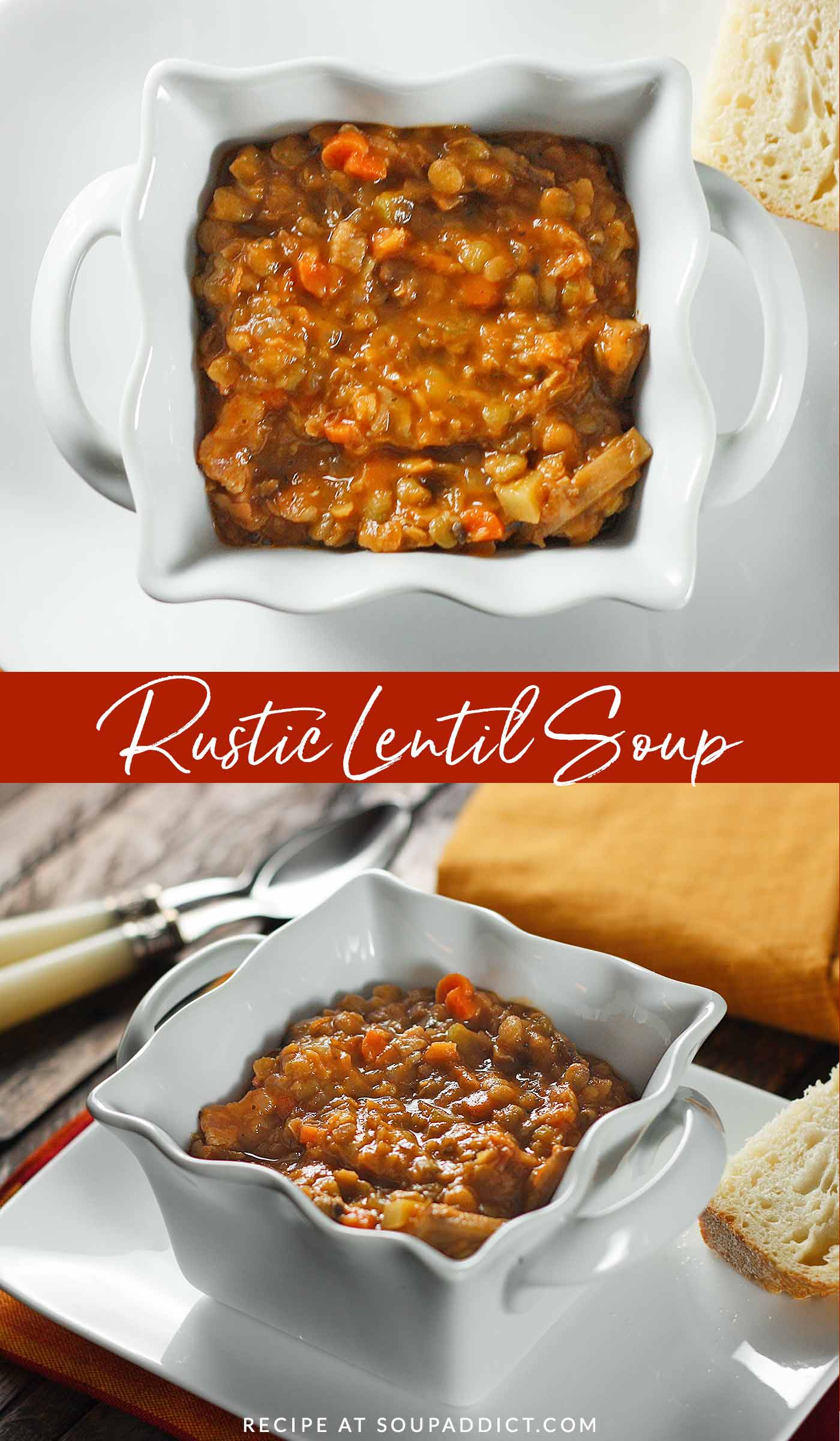 Rustic Red Lentil Soup pin image for Pinterest