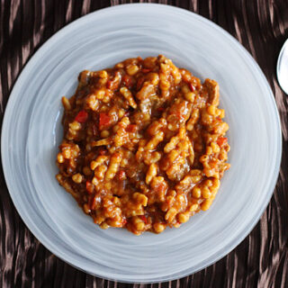 Hungarian Winter Stew in a white bowl