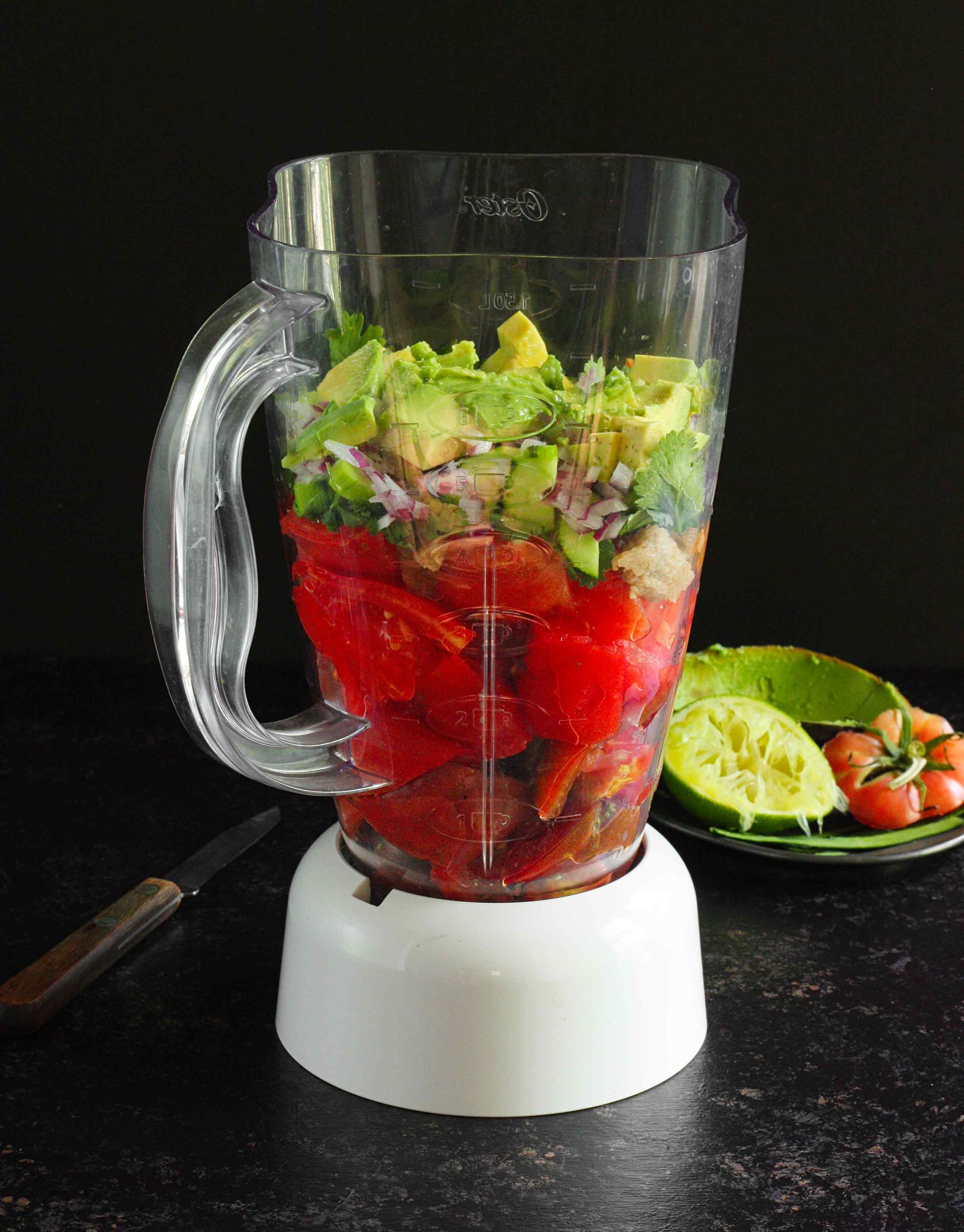 Ingredients for guacpacho in a blender
