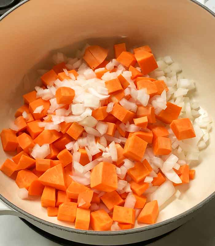 Cooking the aromatics in the soup pot.