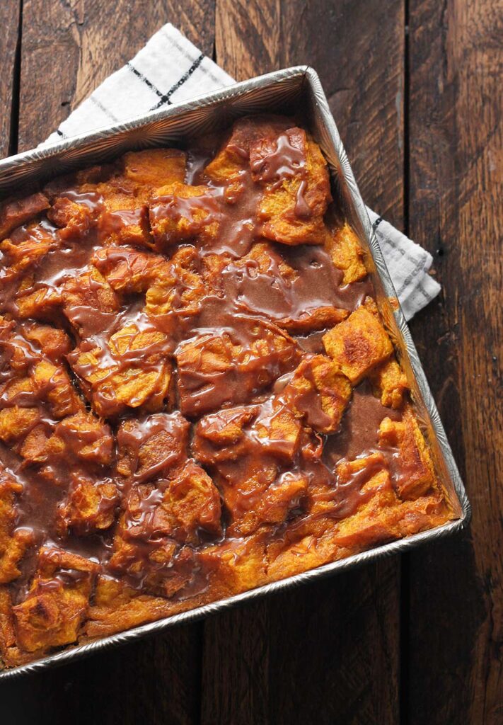 Pumpkin Bread Pudding with Nutella Glaze | SoupAddict.com