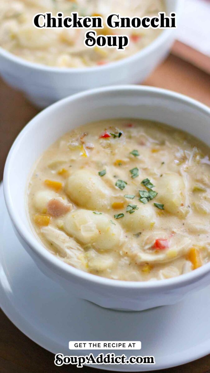 Pinterest pin image for Chicken Gnocchi Soup recipe, showing a bowl of soup.