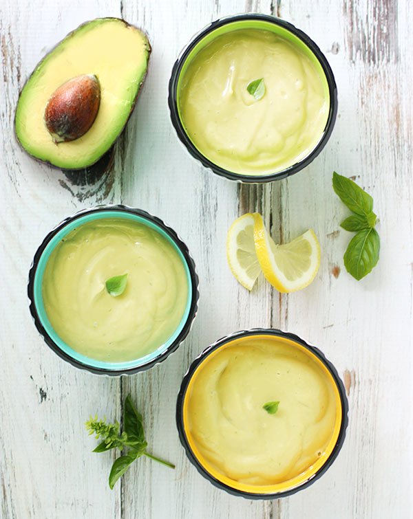 Three bowls of chilled avocado soup