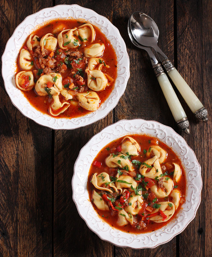 Two bowls of Italian Tortellini Soup