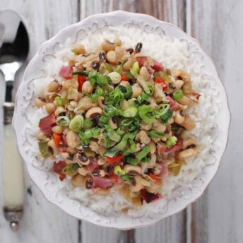 Close-up view of a bowl of Hoppin' John.