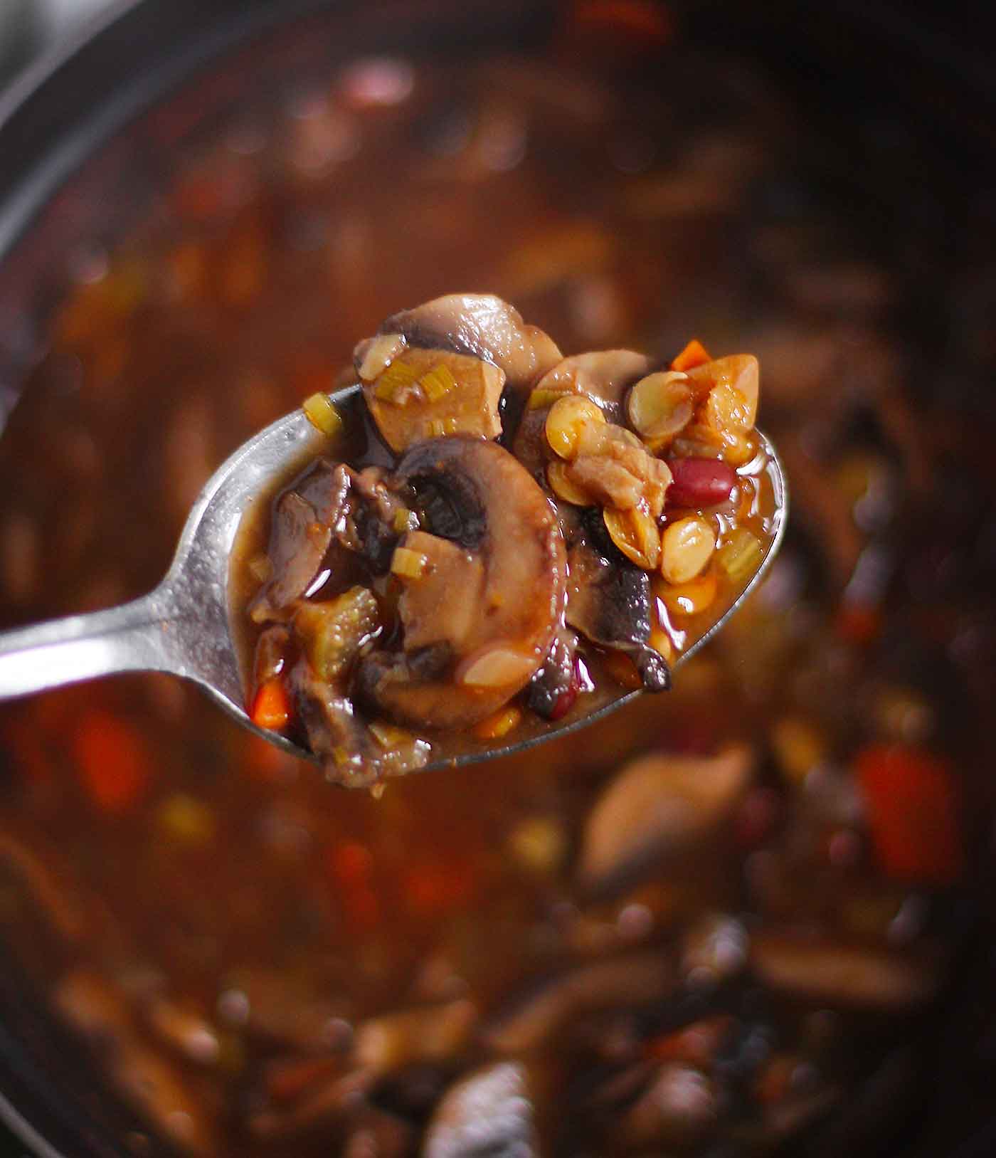 A spoonful of Mushroom Lentil Adzuki Bean Soup