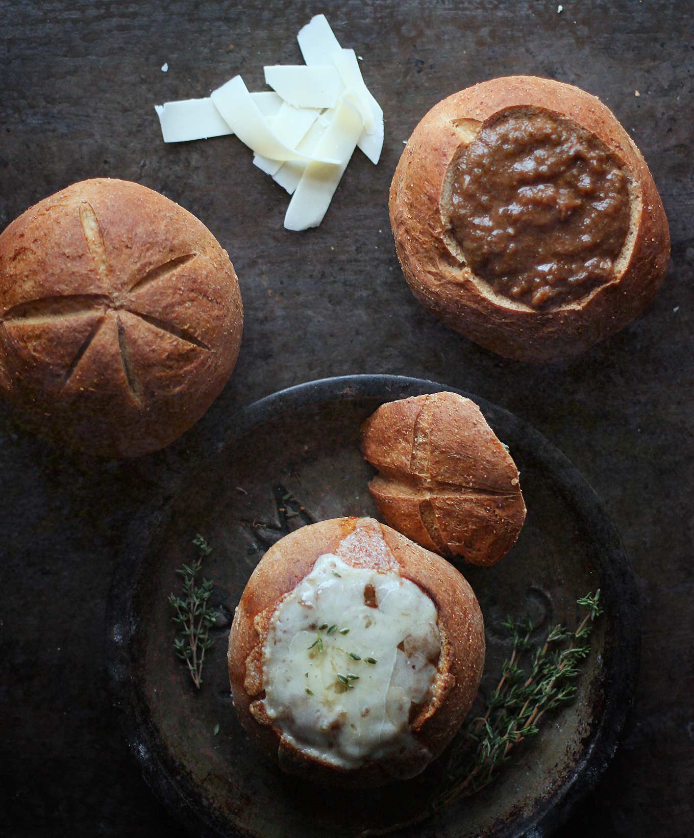 Vegetarian French Onion Soup in bread bowls.