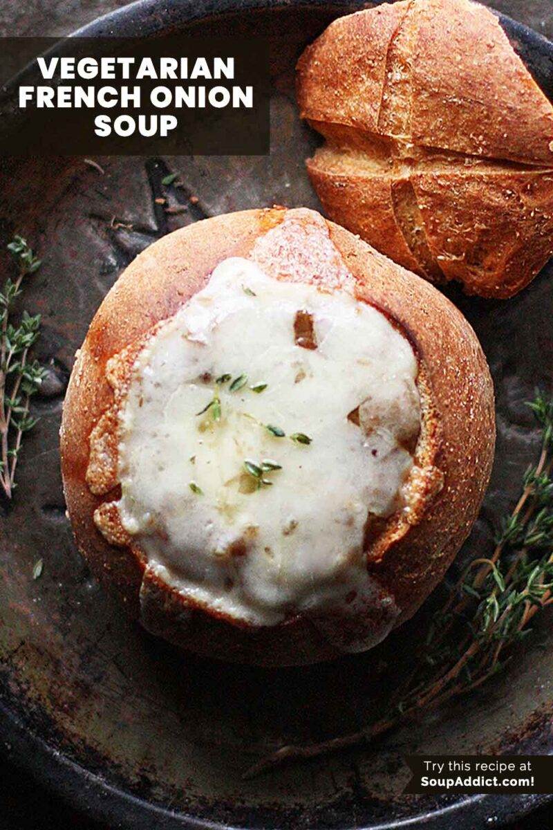 Pinterest pin image for Vegetarian French Onion Soup.