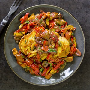 Seared Pepper with Olives and Halloumi from SoupAddict.com