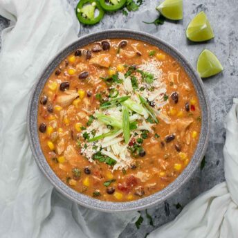Chicken Enchilada Soup in a bowl.