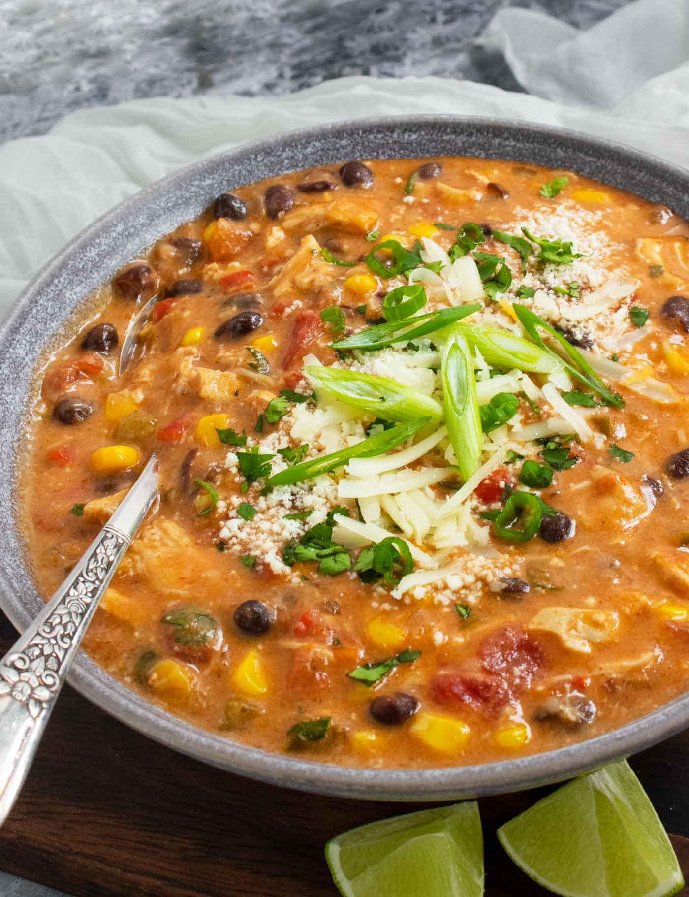 Side angled view of a bowl of Chicken Enchilada Soup with a spoon.