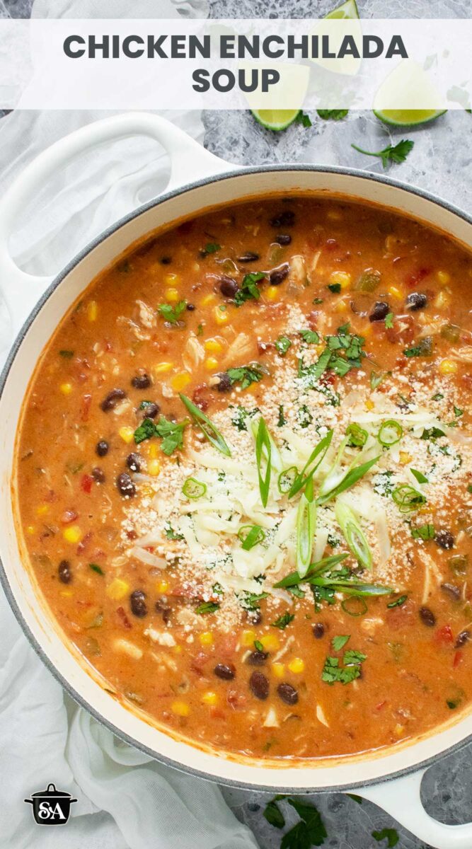 Pinterest pin image for Chicken Enchilada Soup.