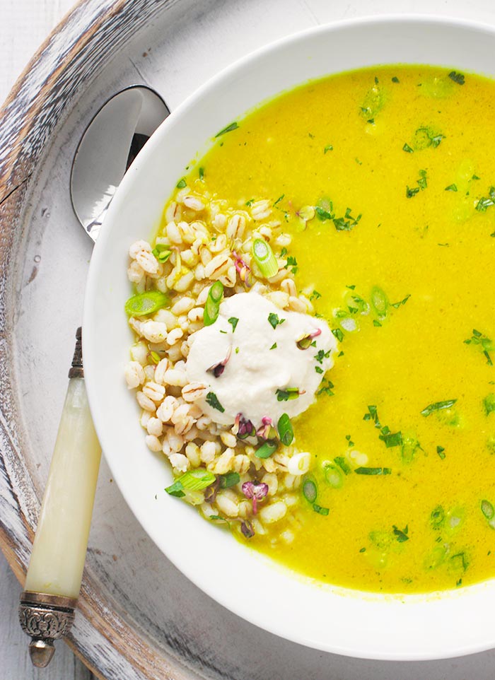 Close-up of a bowl of Lemongrass Curry Soup.