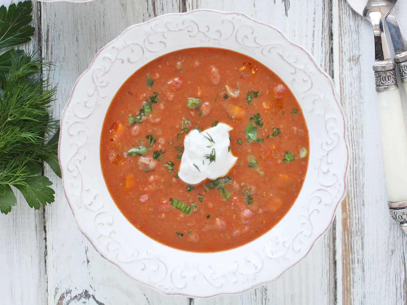 Overhead view of a bowl of Slow-simmered Red Bean Soup.