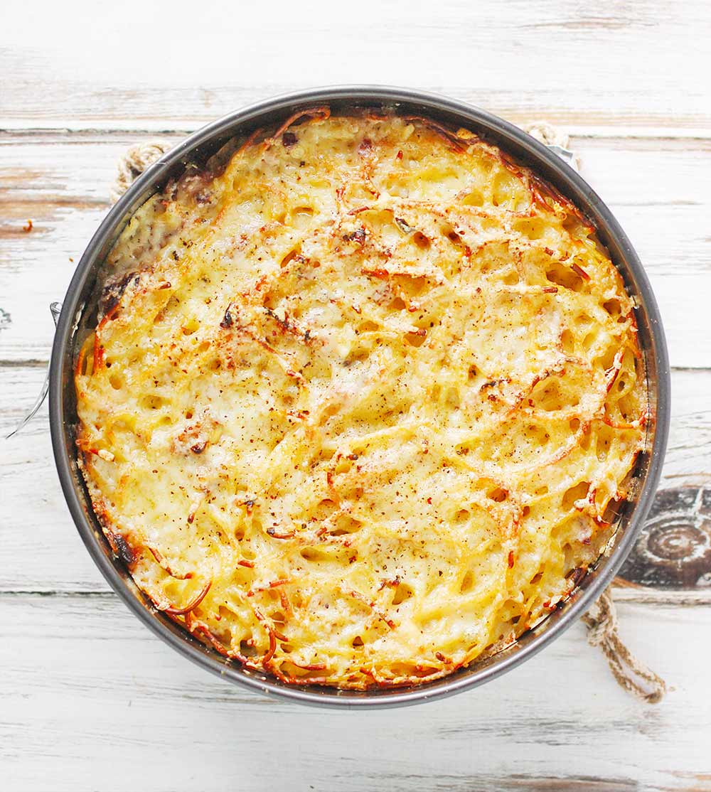 Three Cheese Caramelized Onion Spaghetti Pie Soupaddict