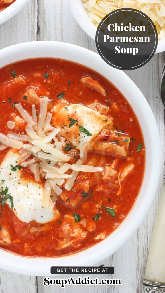Pinterest pin image for Chicken Parmesan Soup recipe.
