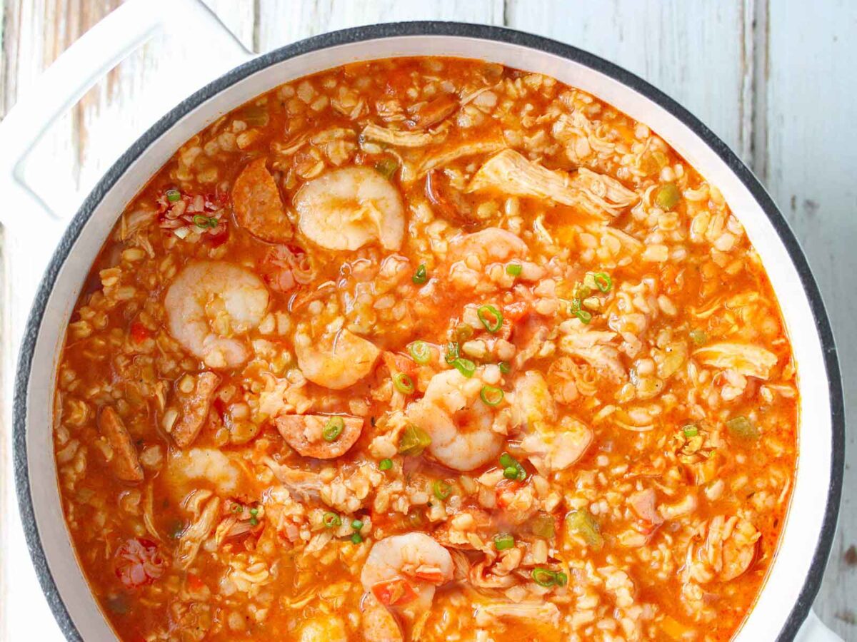 Overhead view of a pot of Jambalaya Soup.