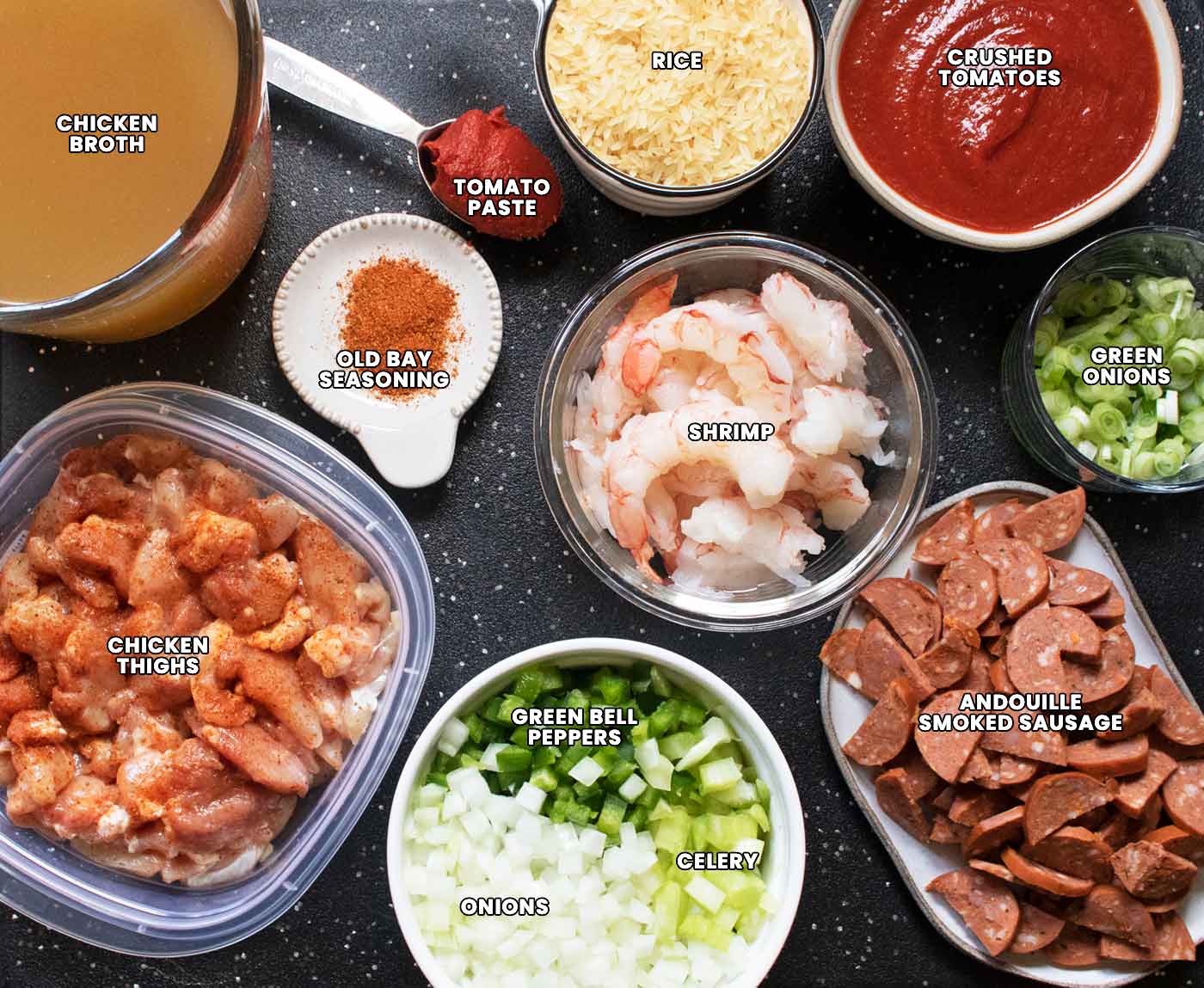 The soup's ingredients measured into bowls and arranged on a board, with text labels.