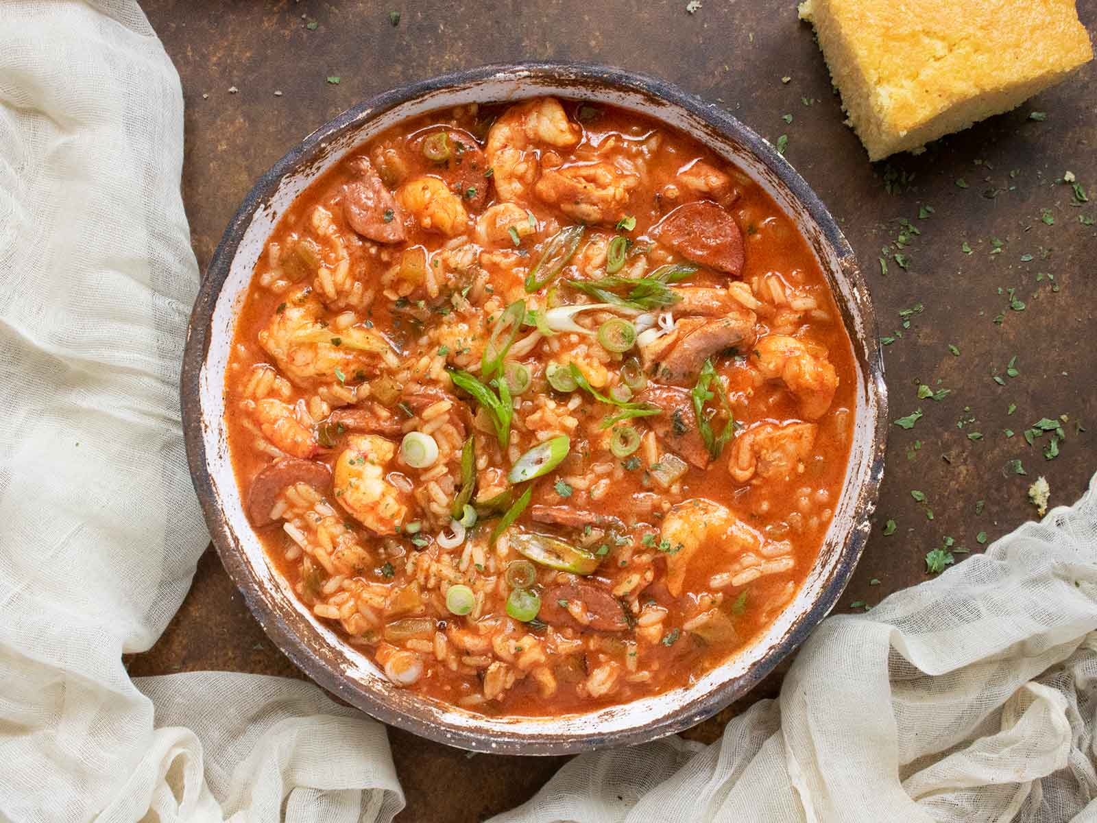 Overhead view of a bowl of Jambalaya Soup.