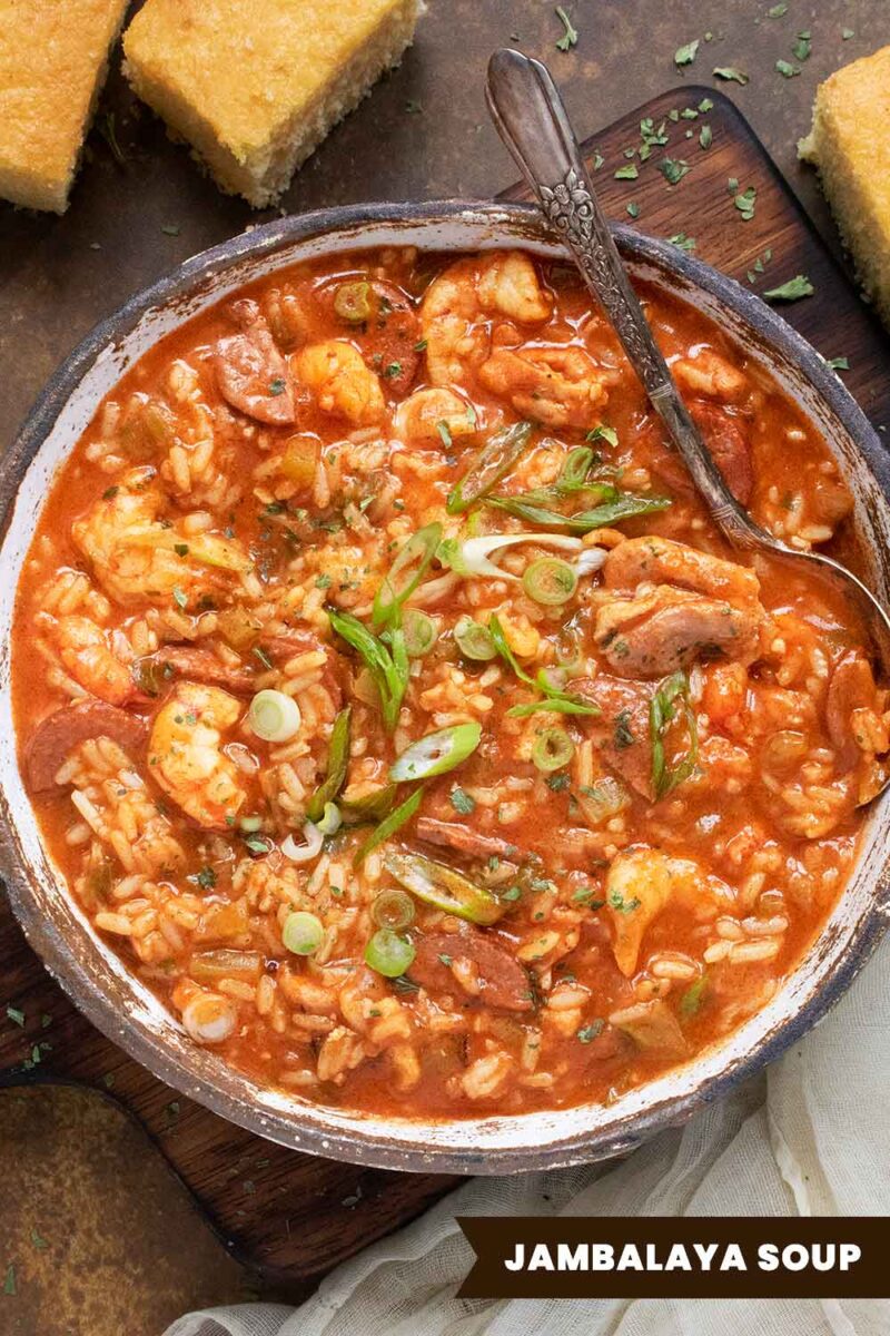 Pinterest pin image for Jambalaya Soup.