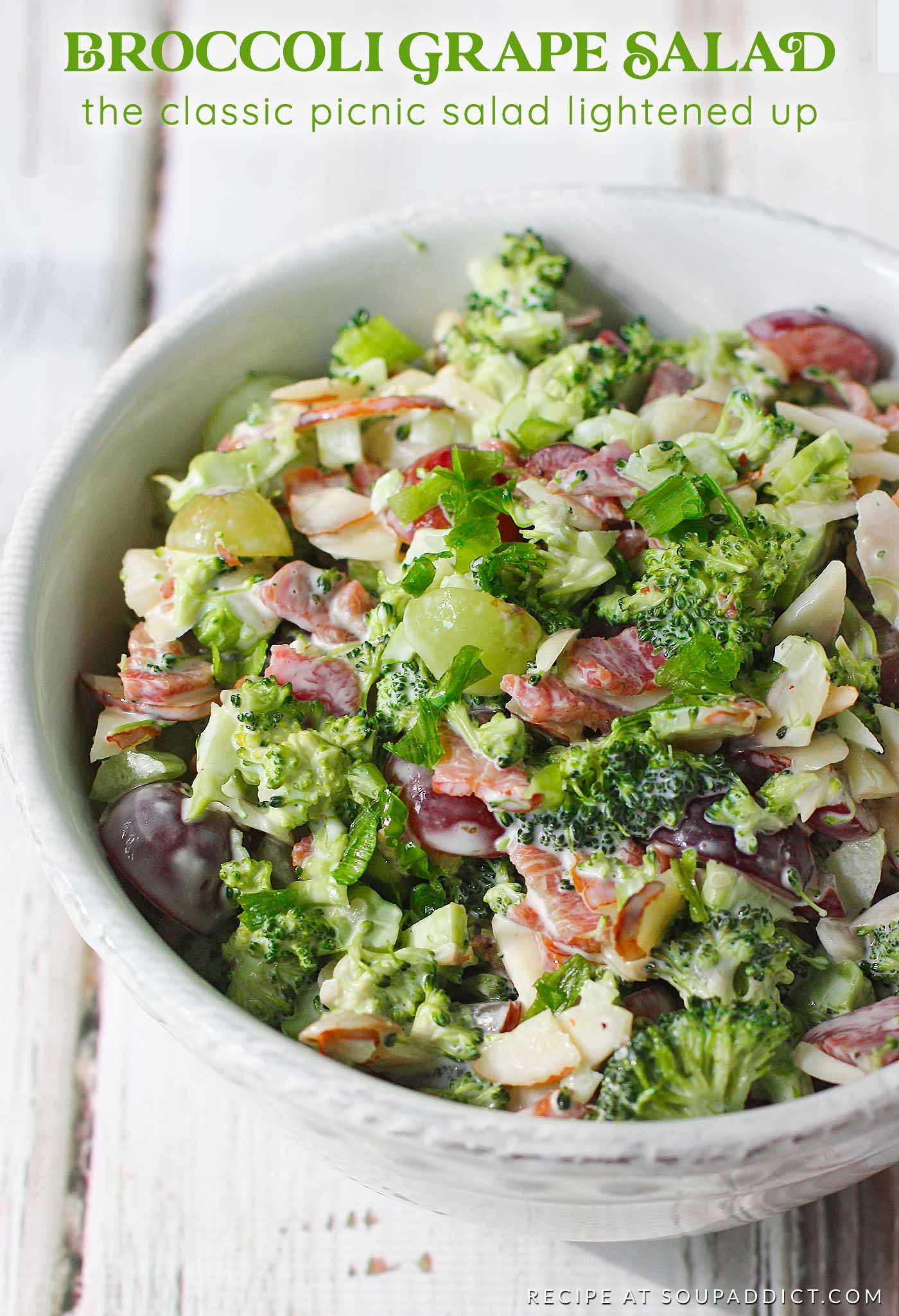 Broccoli grape salad in a white bowl