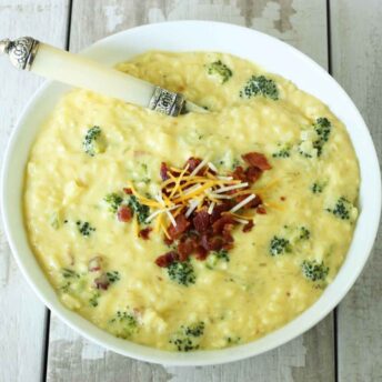 Cheesy Broccoli Rice Soup in a bowl.