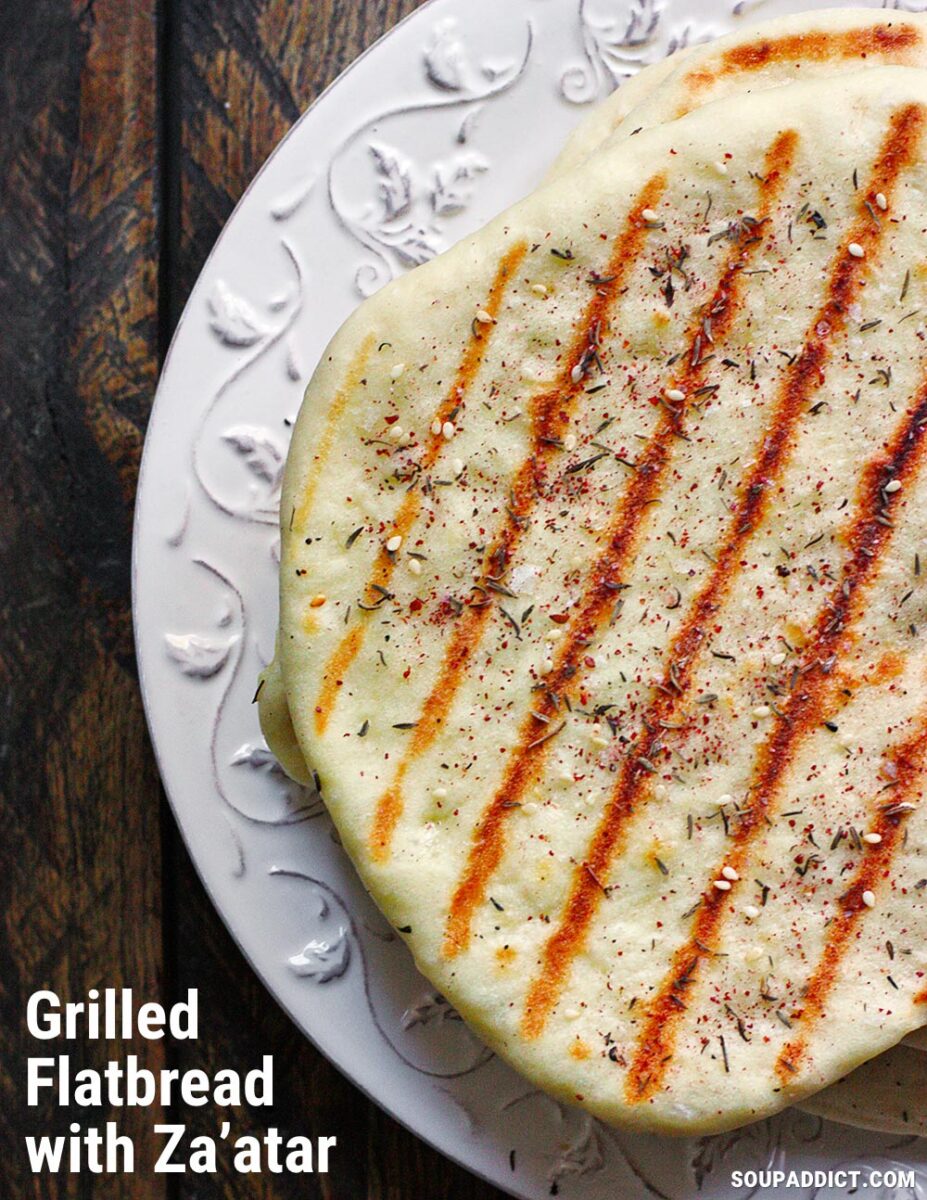 Pinterest pin image featuring Grilled Flatbread on a white plate