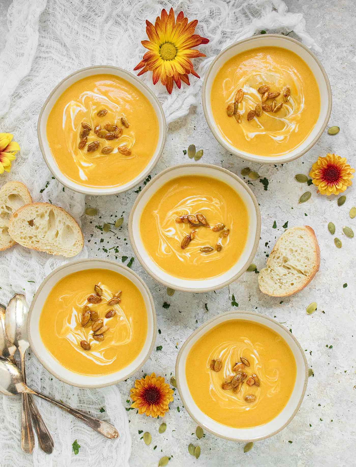 Five bowls of Panera Autumn Squash copycat soup