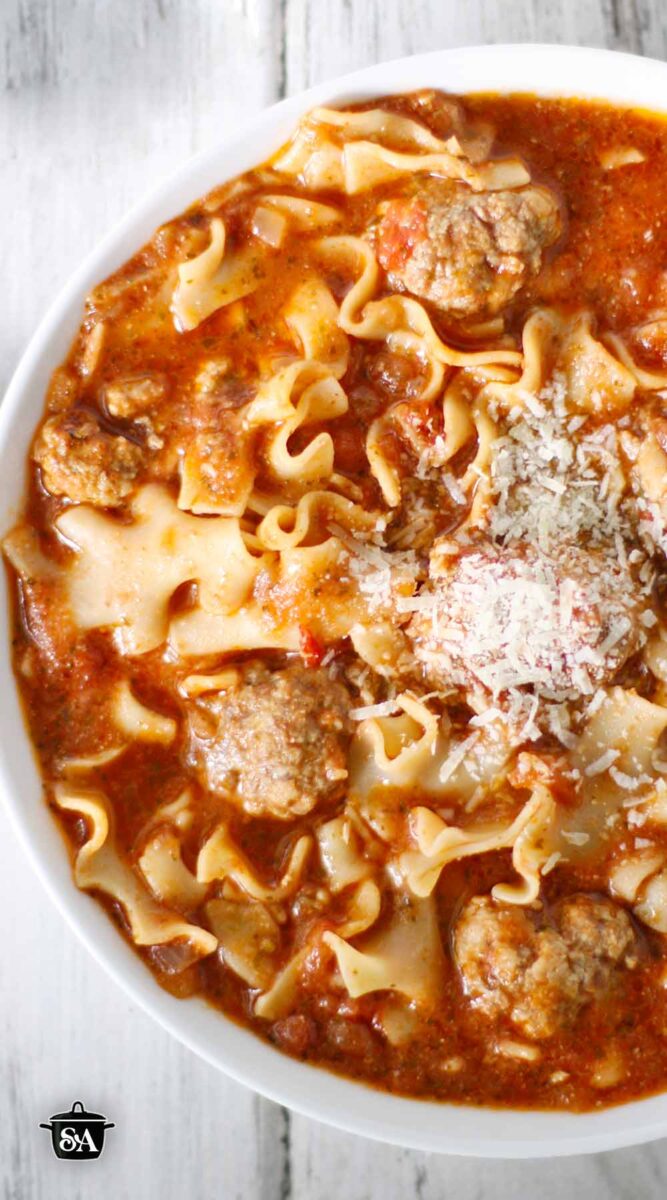 Ricotta Meatball Soup with homemade meatballs and ruffly lasagna noodles.