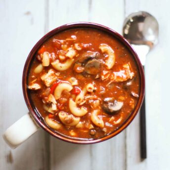 Slow Cooker Chicken Soup in a large soup mug.
