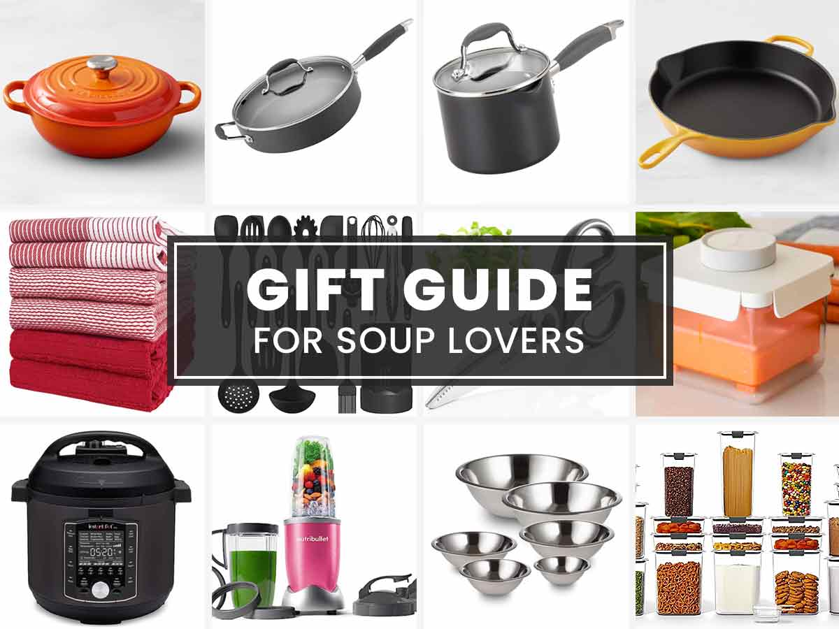Photo collage featuring product photos for my Gift Guide for Soup Lovers.