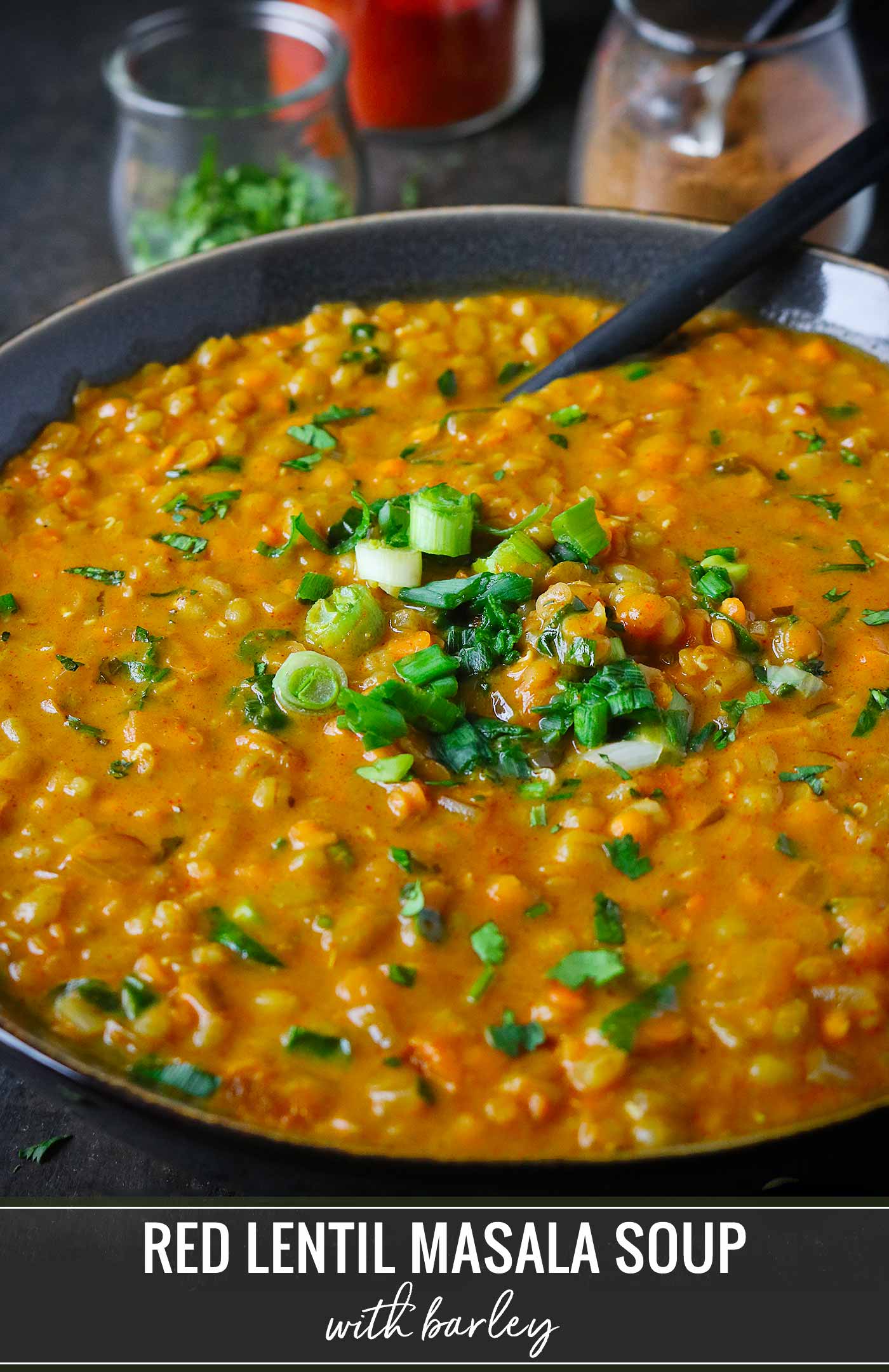 Close-up view of Red Lentil Masala Soup