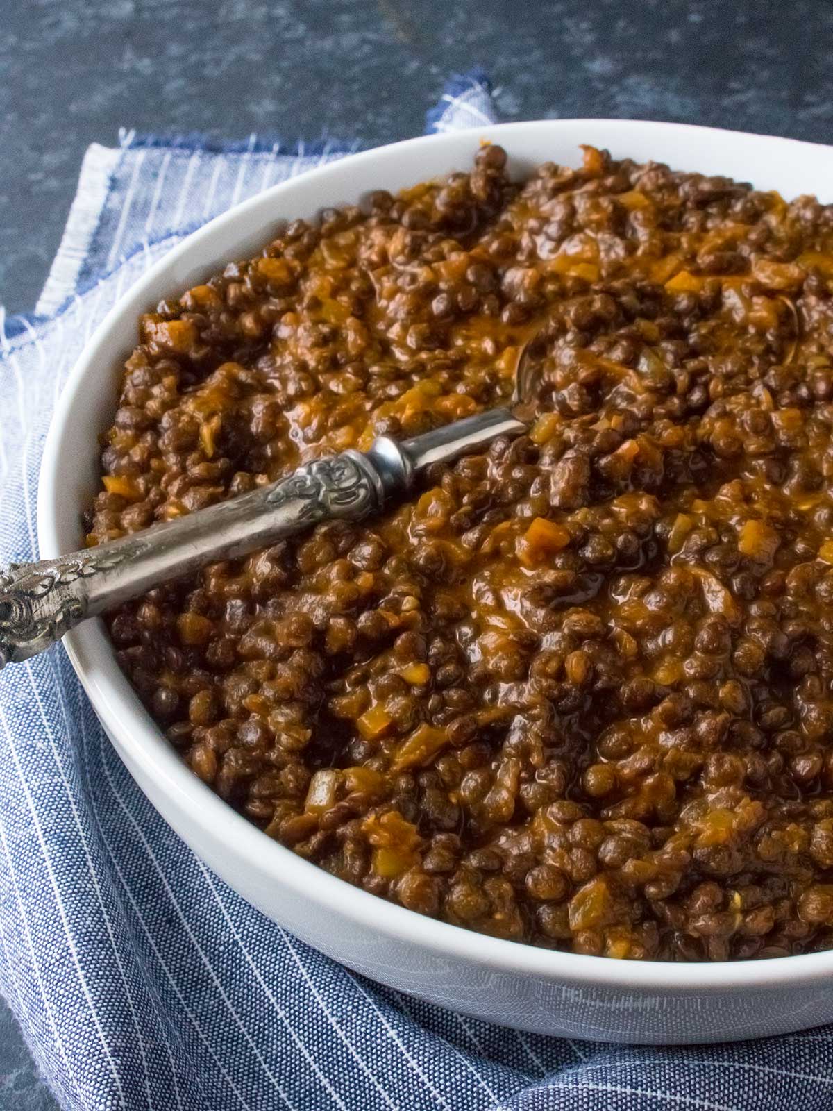 Side-angled view of a bowl of Curried Lentil Stew.