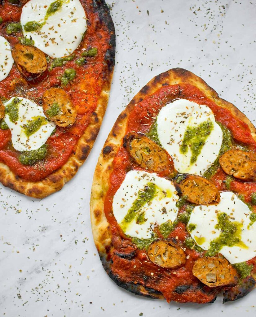 Grilled Chicken Sausage Naan Pizzas