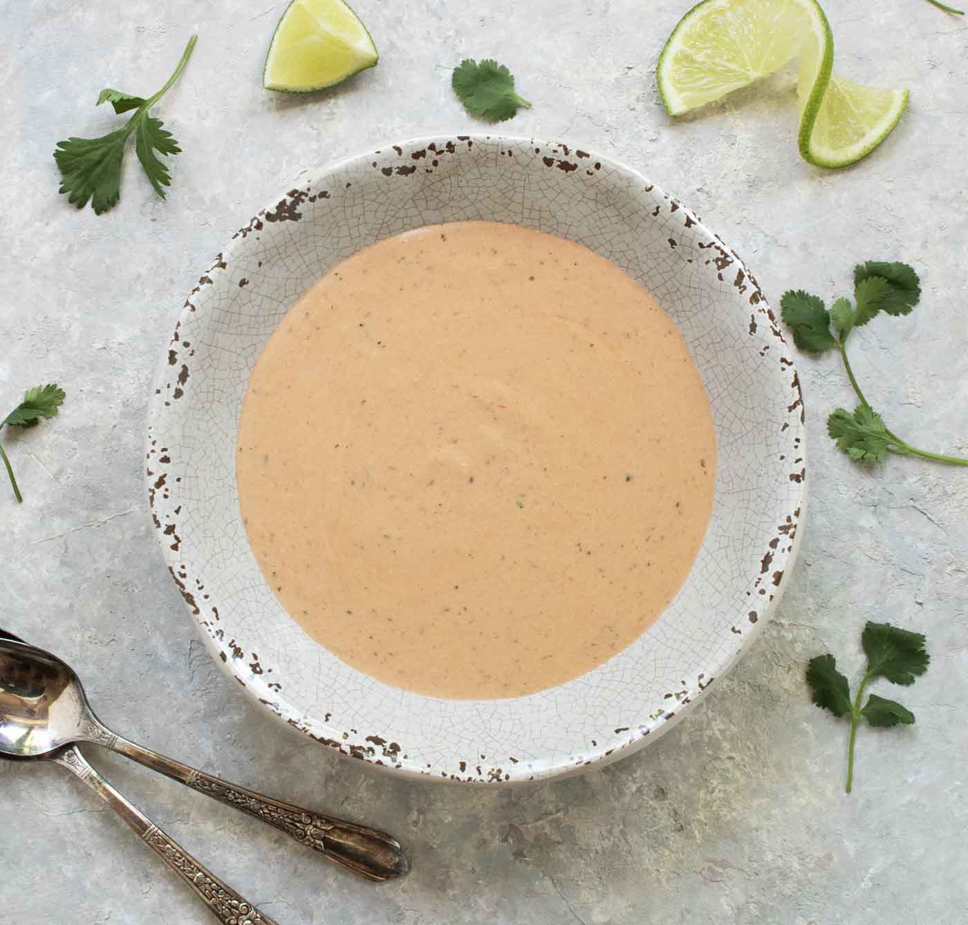 Overhead view of a bowl of creamy Tex-Mex dressing for the fajita salad.