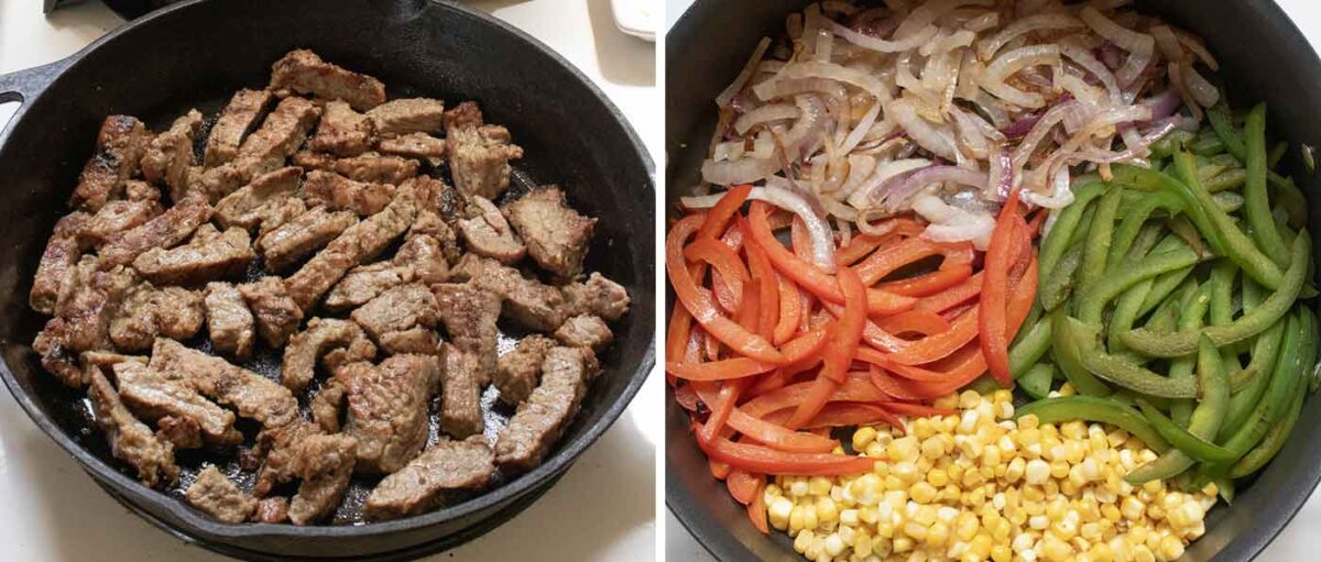Steak and vegetables cooking in a cast iron skillet.