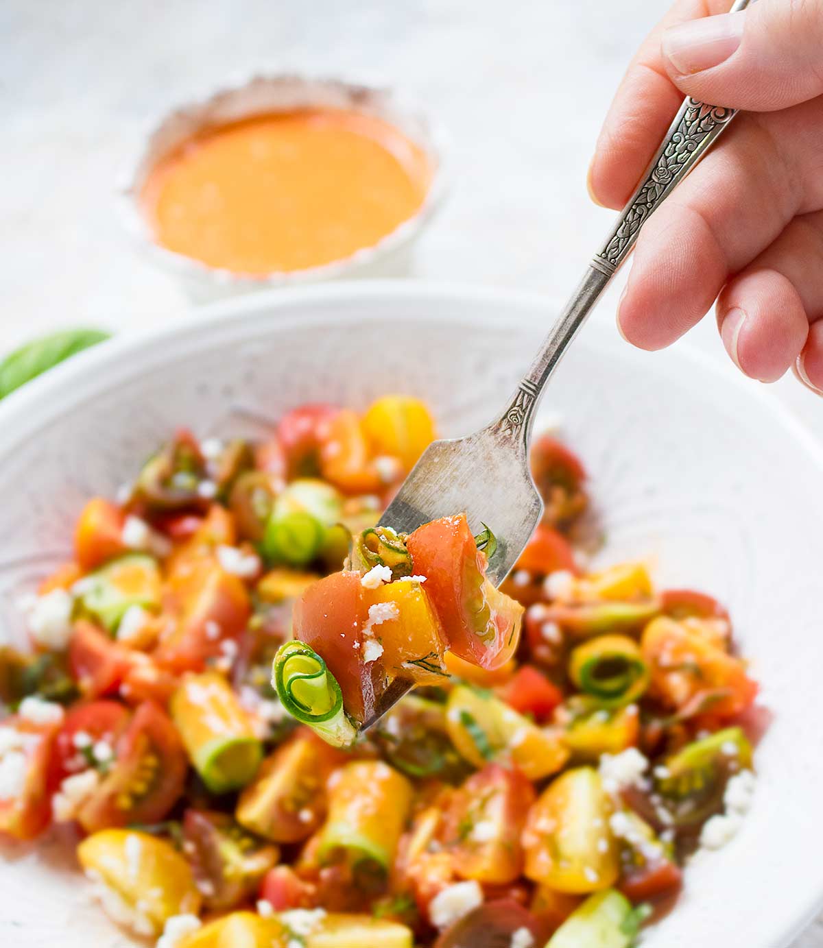 A forkful of tomato lover's tomato salad