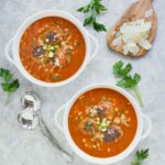 Two bowls of Instant Pot Italian Meatball Soup with Fregola Pastas