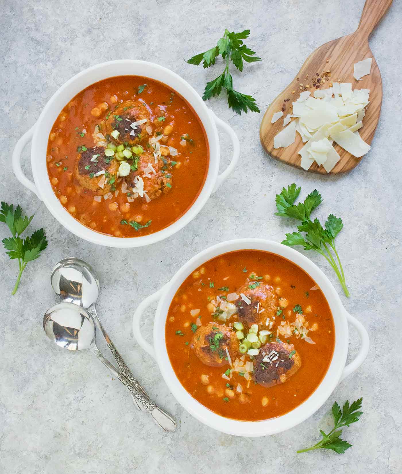 Two bowls of Instant Pot Italian Meatball Soup with Fregola Pastas